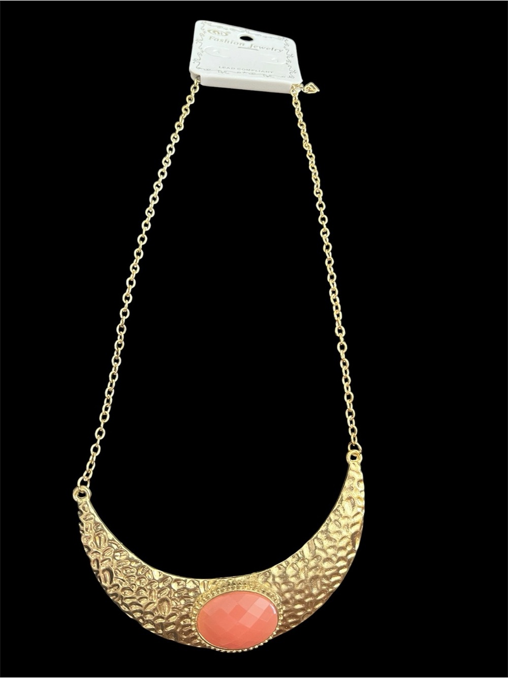 Gold Crescent Necklace with Coral Stone - Women Jewelry